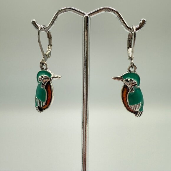 Green and Silver Kingfisher Earrings with Leverback Design - Picture 2 of 7